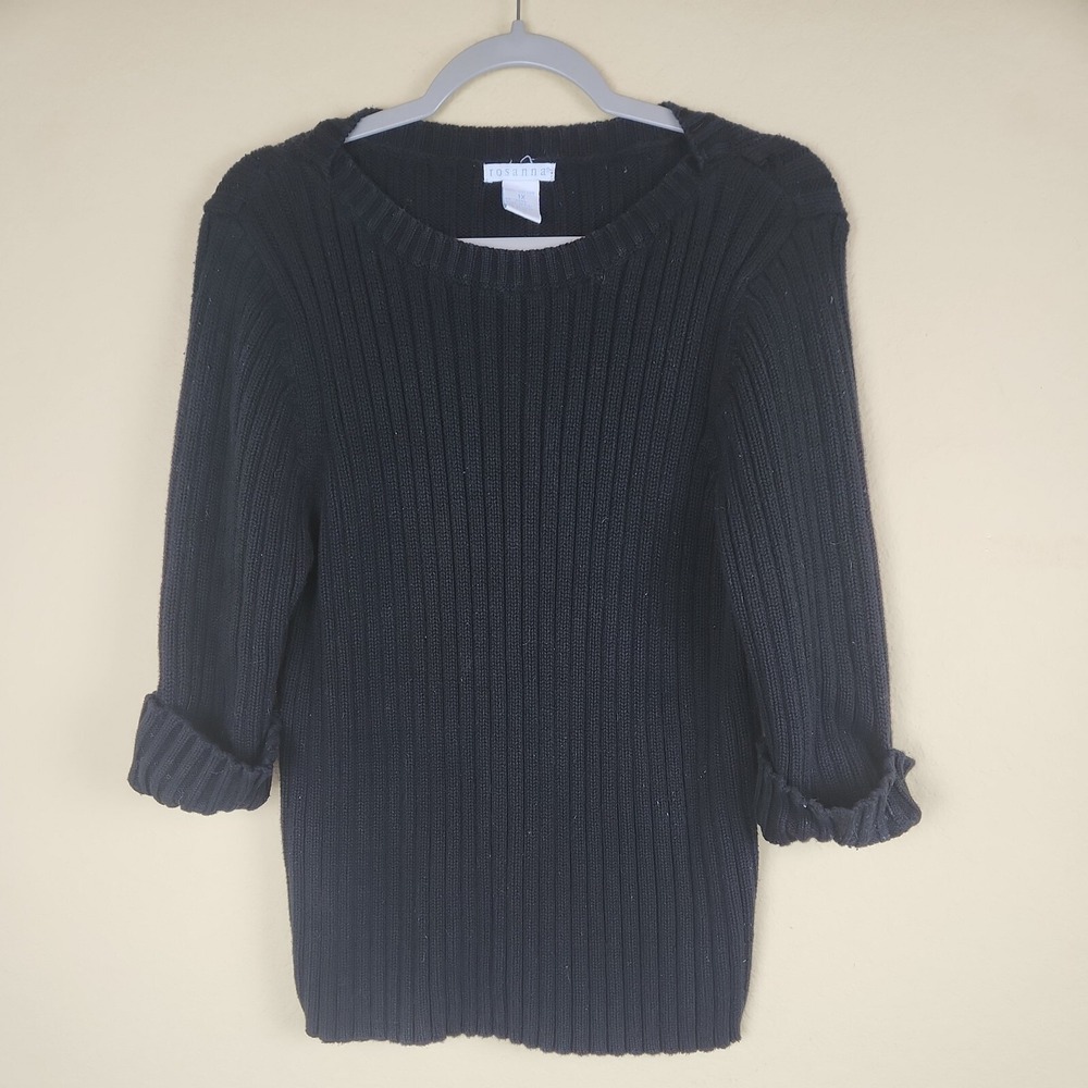 Rosanna Black 100% Cotton Ribbed Knit 3/4 Sleeve Crew‎ Neck Sweater 1X